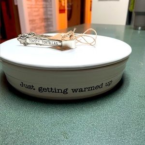 Mud pie, tortilla warmer and tongs